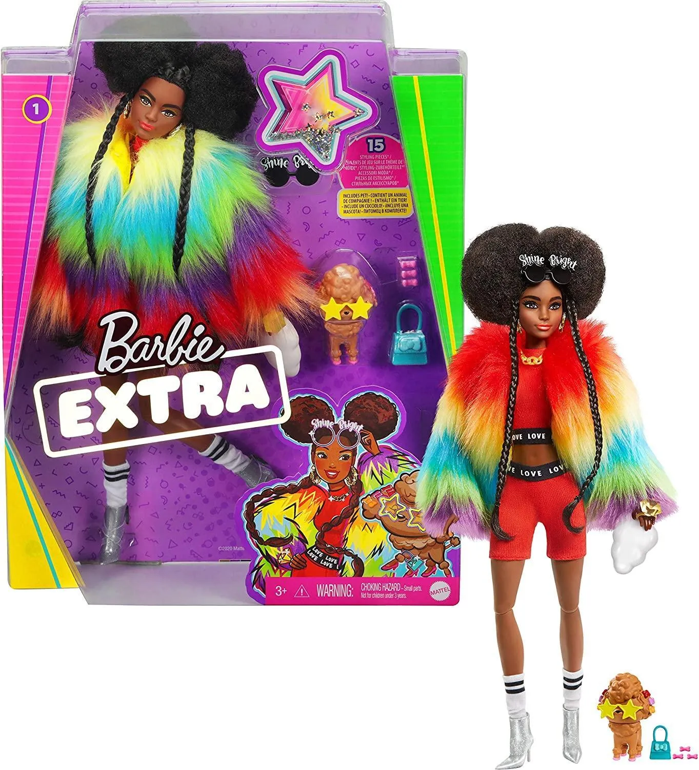 Barbie Extra Doll  #1 in Rainbow Coat with Pet Poodle