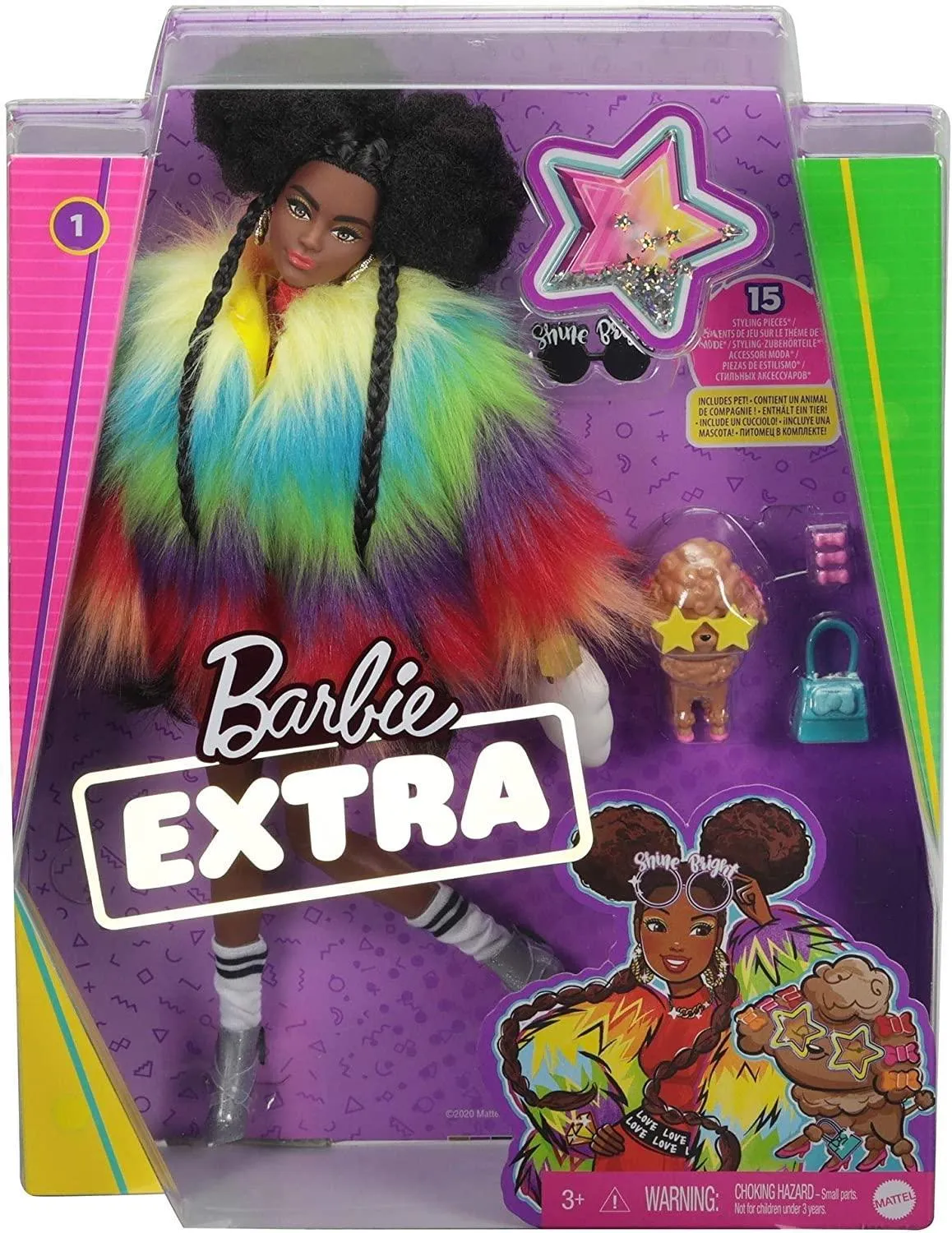 Barbie Extra Doll  #1 in Rainbow Coat with Pet Poodle