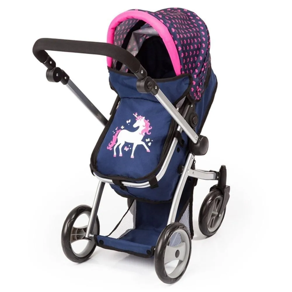 Bayer Milano Doll Pram 6-in-1 Mega Set - Dark Blue with Pink Hearts
