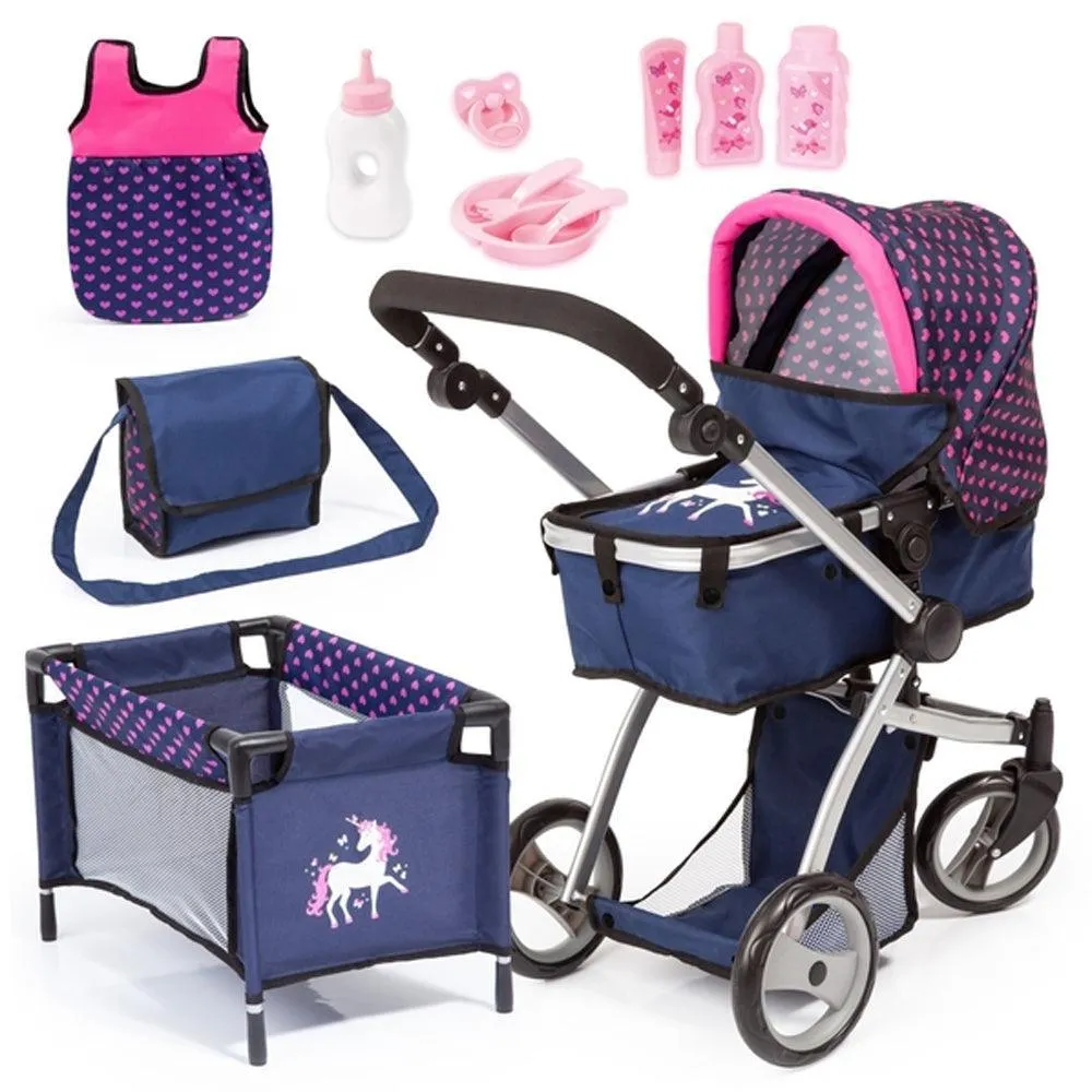 Bayer Milano Doll Pram 6-in-1 Mega Set - Dark Blue with Pink Hearts