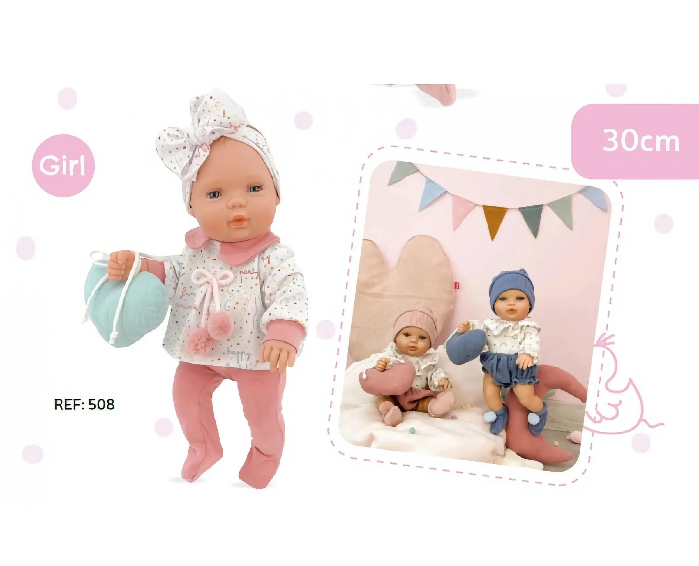 Berjuan Baby Smile Girl Pink Bow Doll 30cm