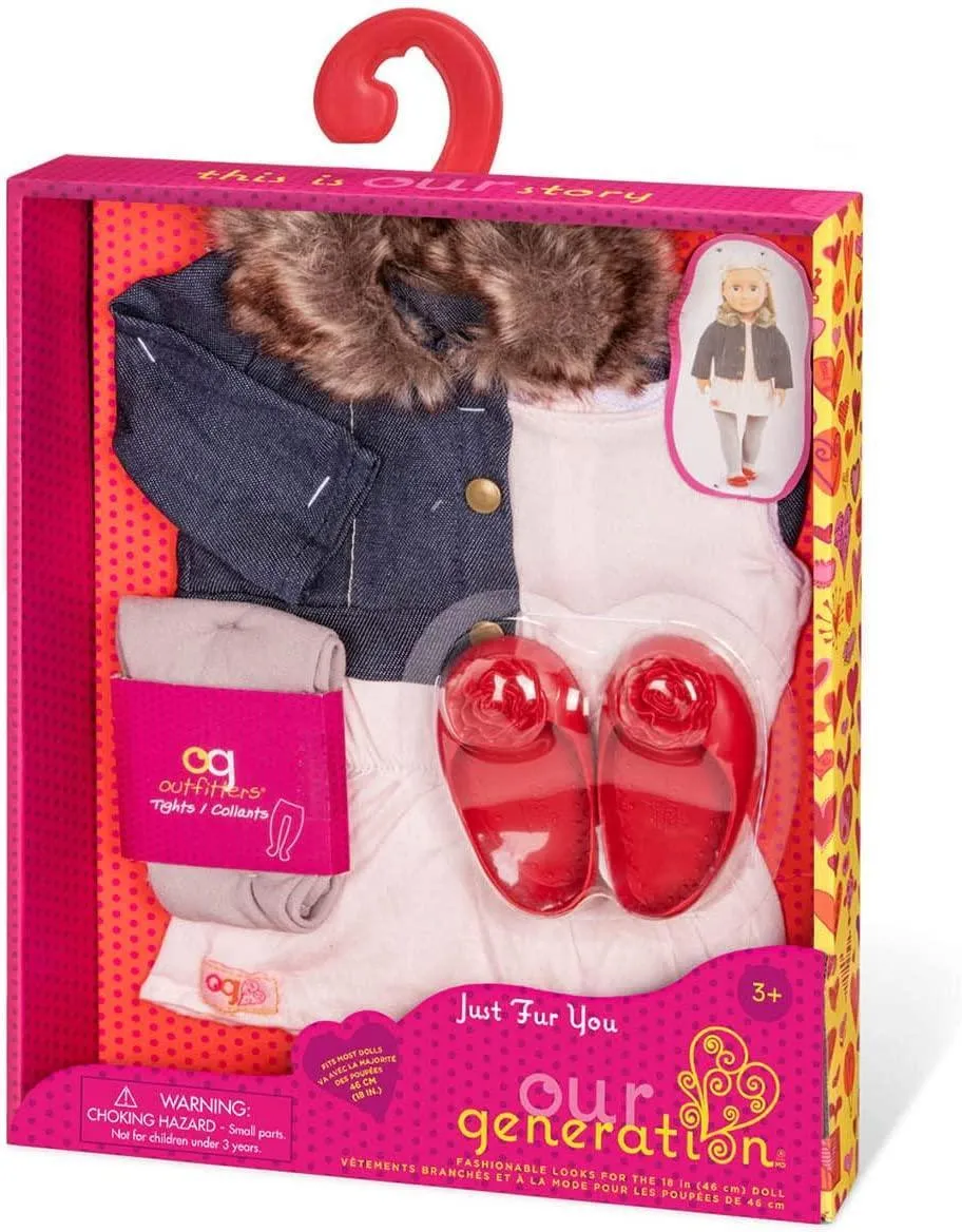 Our Generation Deluxe Clothing Just Fur You Jacket with Fur and Dress Outfit